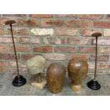Quantity of antique hand carved wooden wig or hat stands with a pair of ceramic based examples (5)