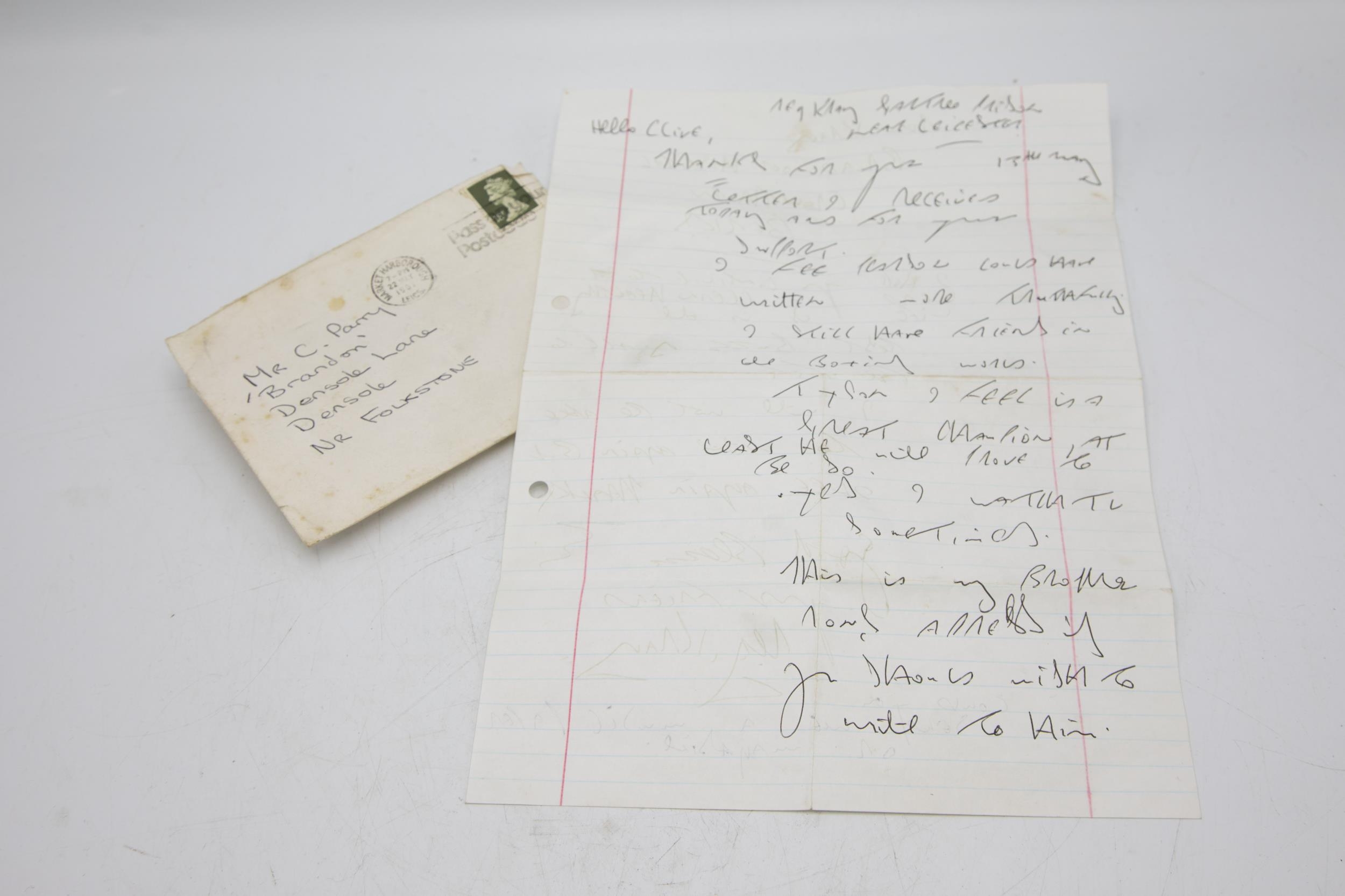Incredibly rare letter written by Reggie Kray to Mr C Parry, regarding a young boxing prospect