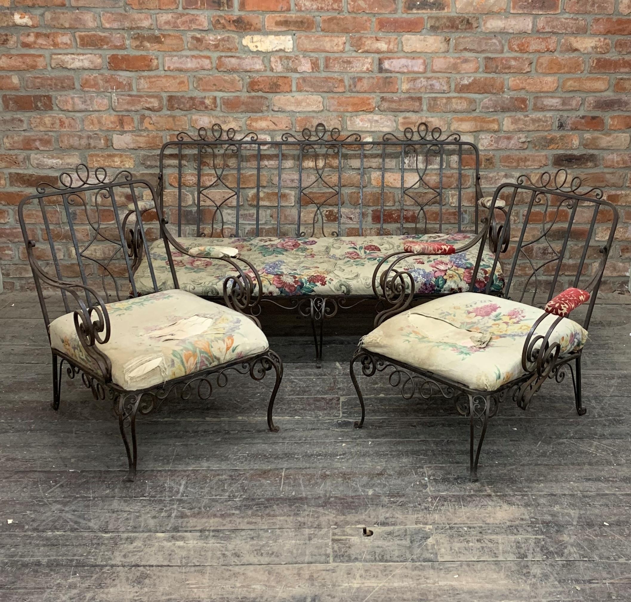 Vintage French wrought iron three piece upholstered suite, the sofa H 83cm x W 153cm x D 86cm,