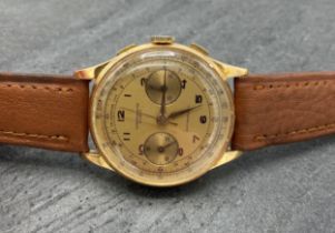 Vintage 18ct Chronograhe Suisse Automatic gents watch, 36mm case, gilt dial with gilt hands and