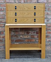 A mid 20th century Remploy teak chest of three drawers on stand, H 105cm x W 76cm x D 43cm