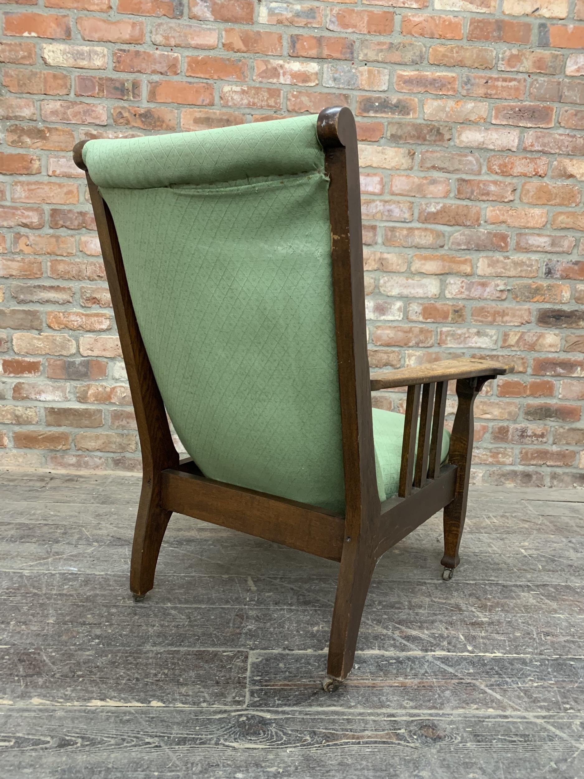 James Shoolbred Arts and Crafts oak reclining arm chair with green button back upholstery, raised - Image 4 of 4