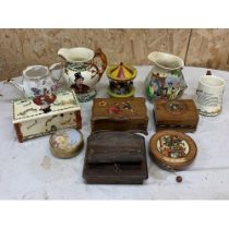 Collection of novelty wind up musical items to include ceramic jugs, ceramic and wooden boxes etc