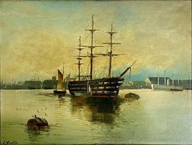 L* Brette (19th century) - Marine scene with three mast vessel approaching port, signed, oil on