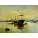 L* Brette (19th century) - Marine scene with three mast vessel approaching port, signed, oil on