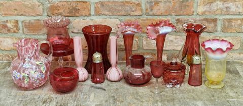 Collection of cranberry glass to include jugs, vases etc (16)