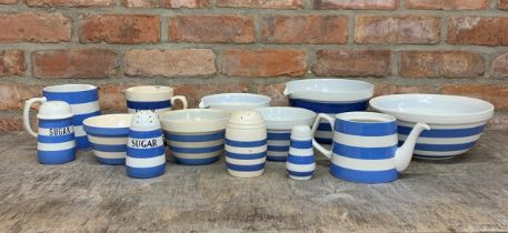 Quantity of T.G Green Cornishware blue and white banded ceramics to include bowls, sifters and tea