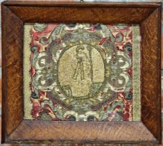 Early 17th century framed silk couchwork Italian alter panel with central Saint design, 29cm x 35cm