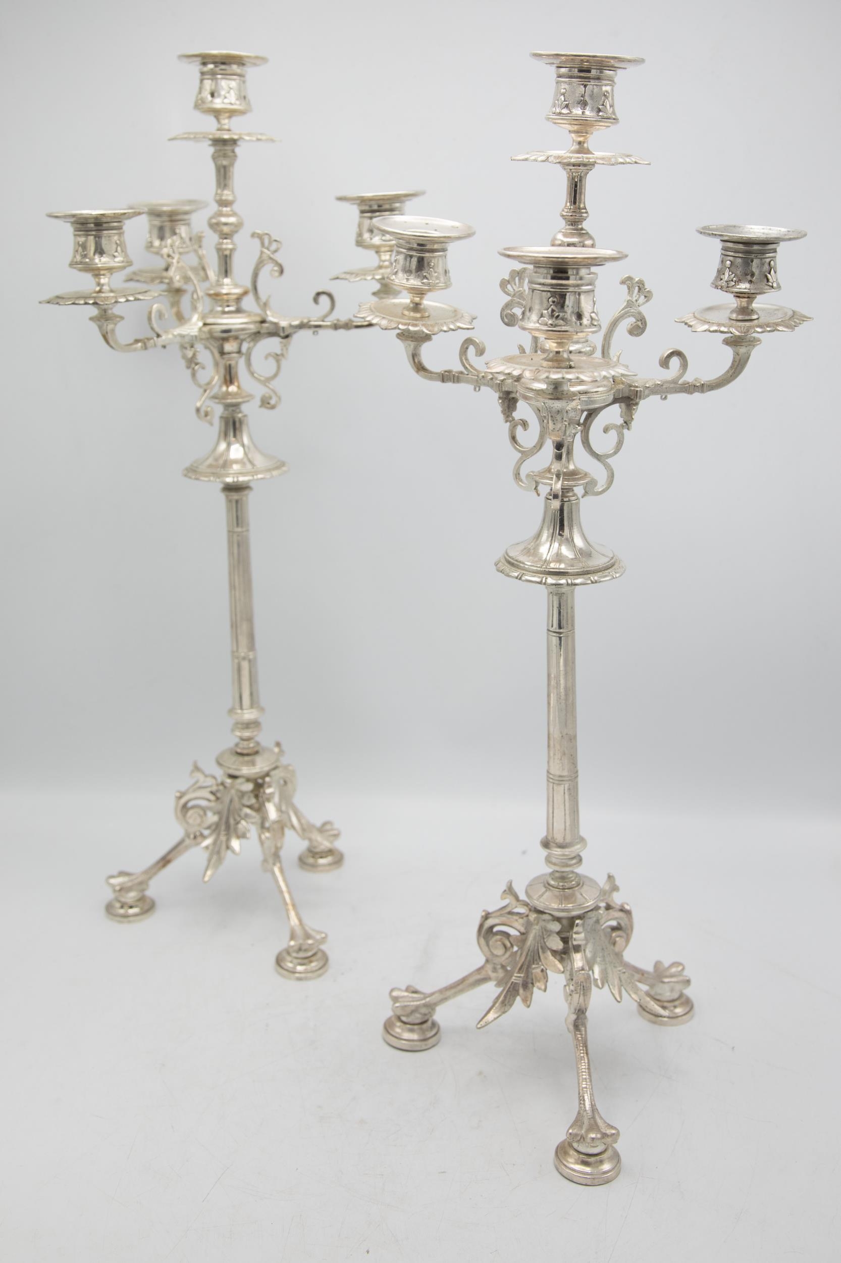 Impressive pair Aesthetic Period cast silver plated three branch candelabra, 55cm high