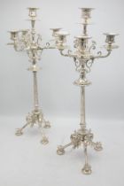 Impressive pair Aesthetic Period cast silver plated three branch candelabra, 55cm high