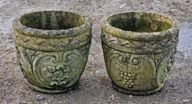 Pair of small weathered reconstituted stone garden planters with grape detail, H 29cm (2)