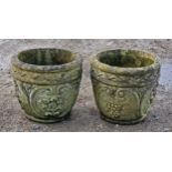 Pair of small weathered reconstituted stone garden planters with grape detail, H 29cm (2)