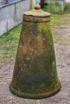 Weathered conical shaped terracotta rhubarb forcer complete with lid, H 74cm