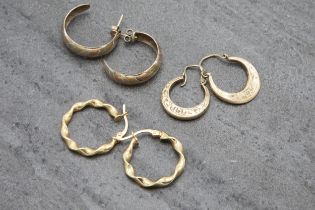 Three pairs on 9ct hoop earrings to include a pair of tri-colour earrings, 3.4cm diameter, 4.5g