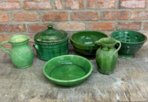 Quantity of vintage green glazed pottery to include bowls, vases and lidded casserole dish,