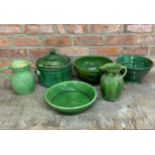 Quantity of vintage green glazed pottery to include bowls, vases and lidded casserole dish,