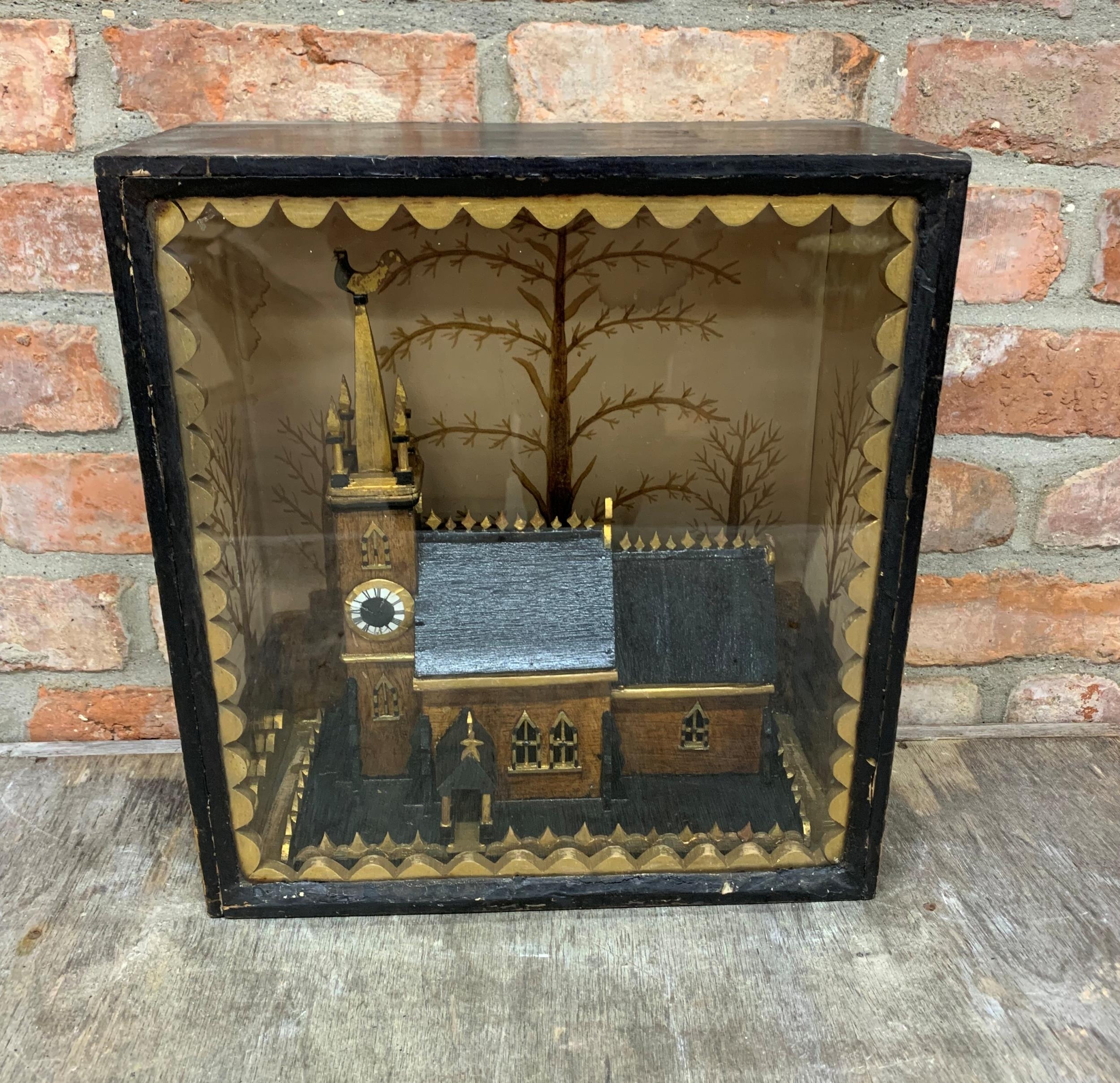 Scratch built wooden Folk Art church with clock diorama in case, H 43cm x W 39cm