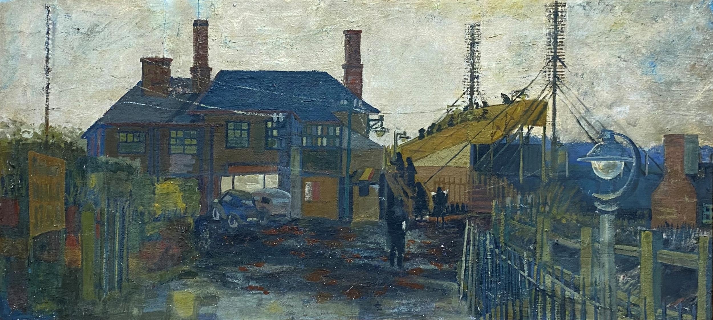 Mid 20th century Northern school - Industrial landscape, unsigned, oil on board, 45 x 108cm, framed