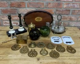 Good quality mixed antique lot to include marble candlesticks, gallery tray, ceramic wall plaques,