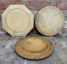 Quantity of antique hand carved wooden bread boards to include "Allison Bread" example, D 28cm (3)