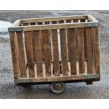 A Victorian wooden wool cart on a wheeled base, H 86cm x W 102cm x D 72cm