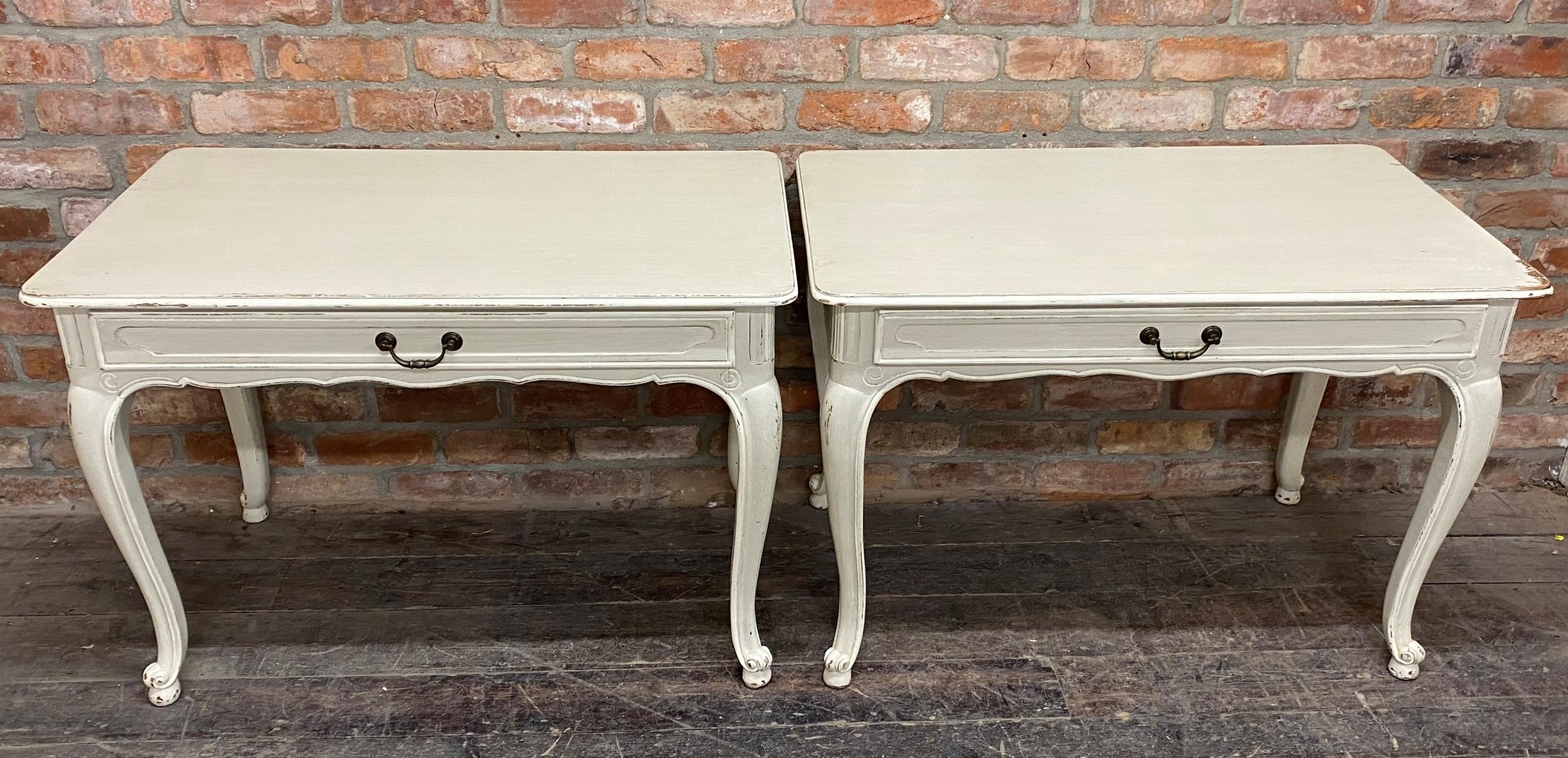 Pair of antique French painted console tables, fitted with a single drawer on cabriole legs, H - Image 3 of 4