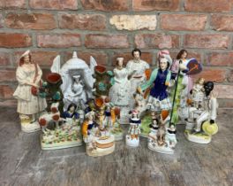 Large quantity of antique Staffordshire figures to include "Band Of Hope" & "Queen & King Of