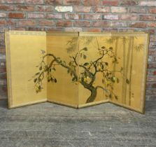 Vintage Chinese hand painted fruit tree and bird design four panel folding silk screen/room divider,