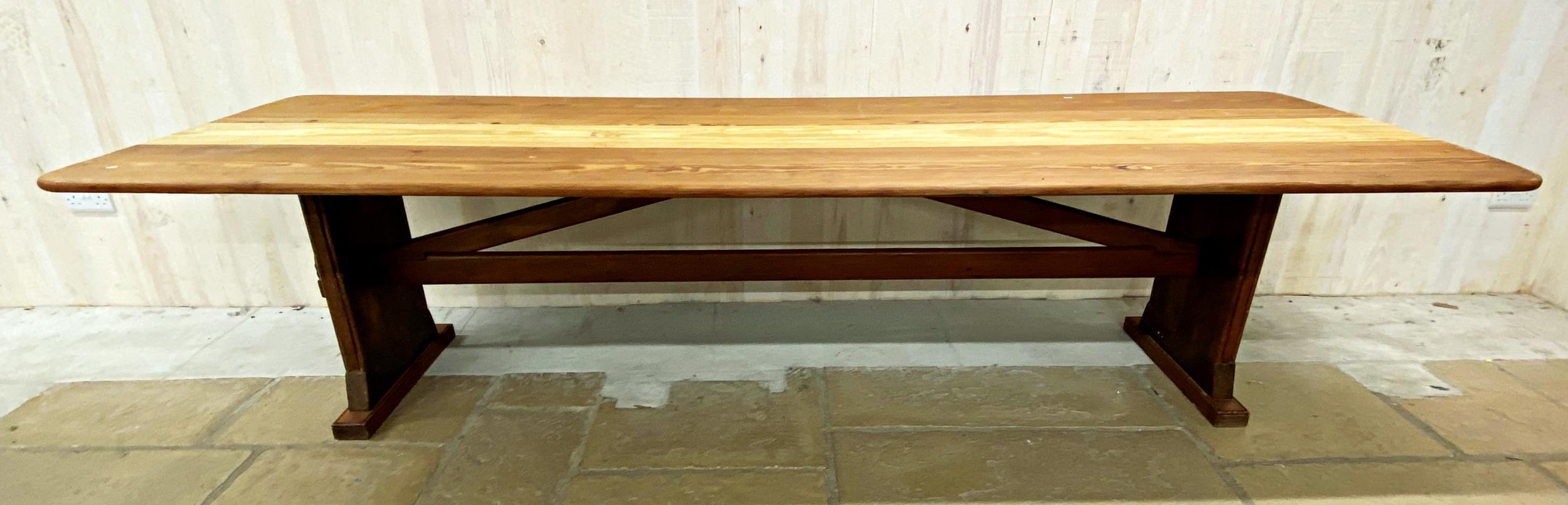 Good Arts and Crafts type pitch pine refectory table with arched stretcher, H 74cm x W 302cm x D - Image 5 of 8