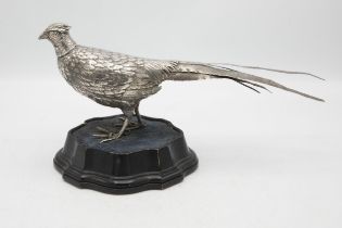 Well observed Edwardian German Hanou silver pheasant model or decanter, with removable head, upon an