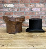 Antique black silk top hat by Bennet's of London, held within brown leather case with initialled
