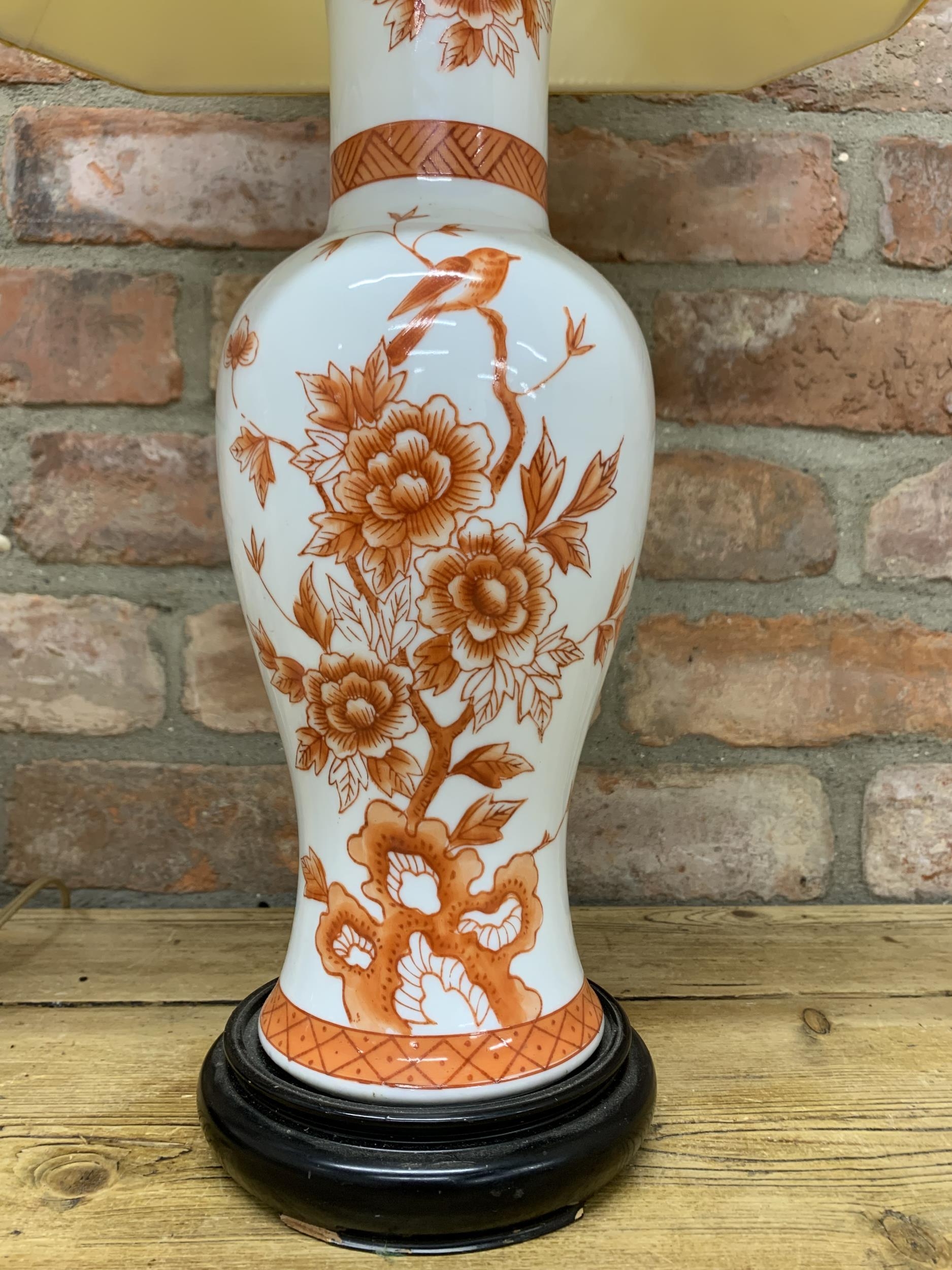 Pair of Chinese converted vase table lamps with hand painted floral and bird finish, mounted on - Image 2 of 3