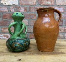 Arts & Crafts Brannam style twisted handle jug with large glazed Somerset ewer, Largest H 33cm (AF)