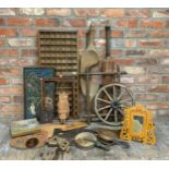 Large collection of assorted antique treen to include printing tray, frame, wagon wheel etc (9)