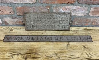 Two antique cast iron signs, J.B Edlington & Co, H.J Godwin Water Engineer, largest 56cm x 5cm (2)