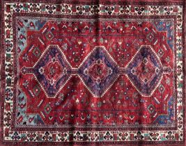 Good South West Persian Afshar rung, traditional three medallion decoration on red ground, 240 x