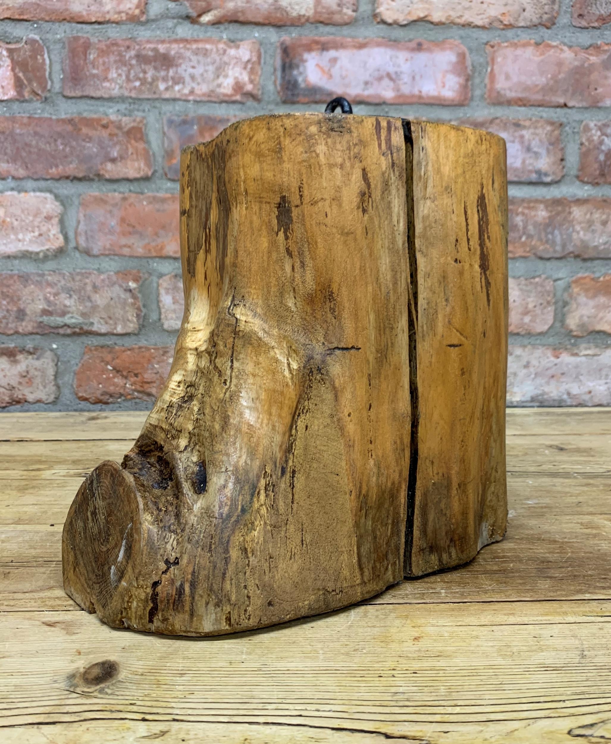 Rustic hand carved wooden tree stump doorstop with handle to top, H 26cm