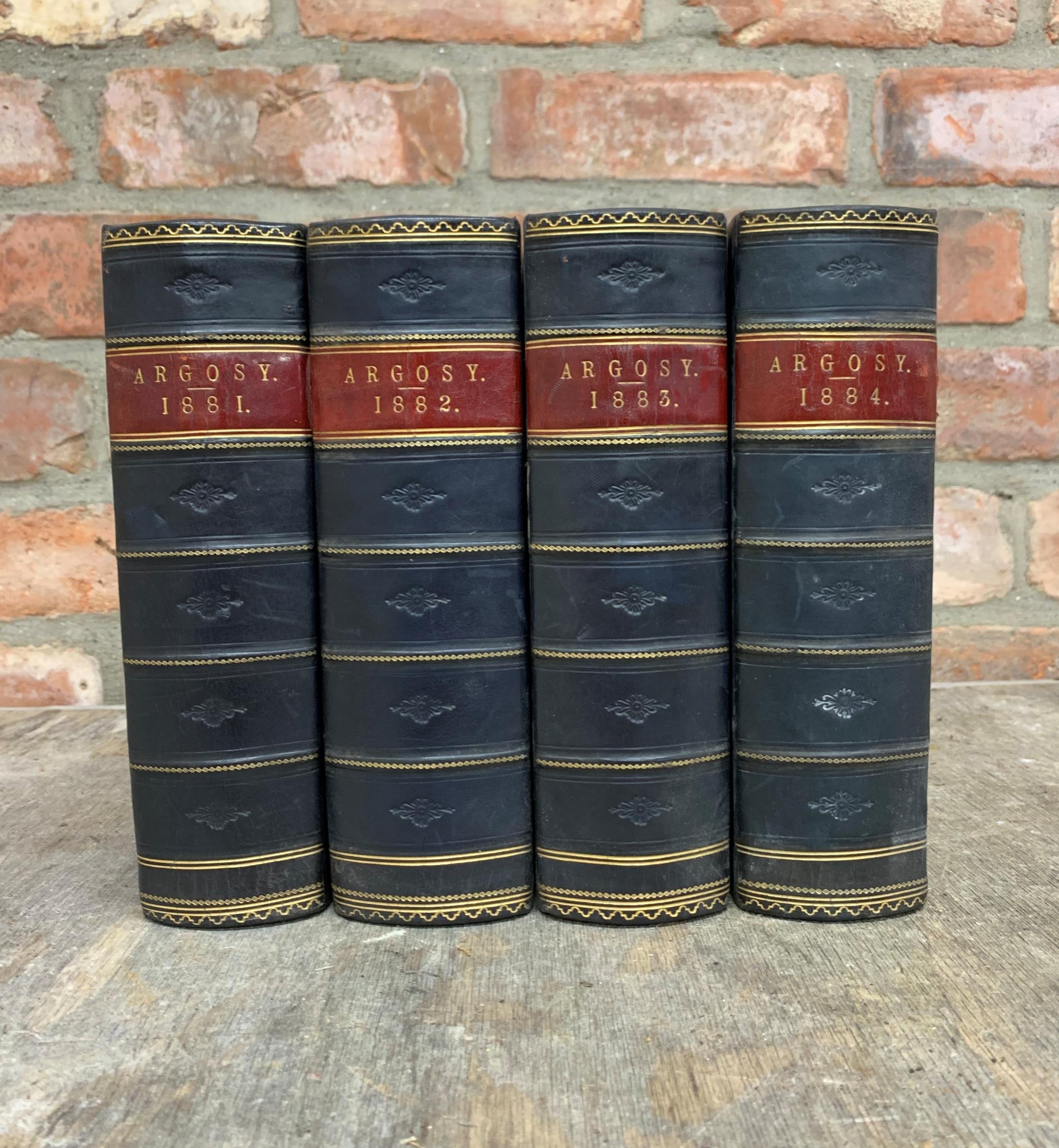 Quantity of 19th century The Argosy leather bound books, editions from the year 1881, 1882, 1883,