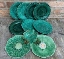 Quantity of green majolica cabbage leaf plates and dish (10)