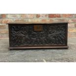 Georgian oak bible box, carved front panel with scrolled foliage and initialled EM, H 30cm x W 60cm