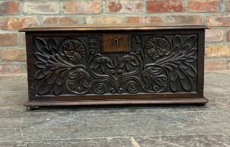 Georgian oak bible box, carved front panel with scrolled foliage and initialled EM, H 30cm x W 60cm