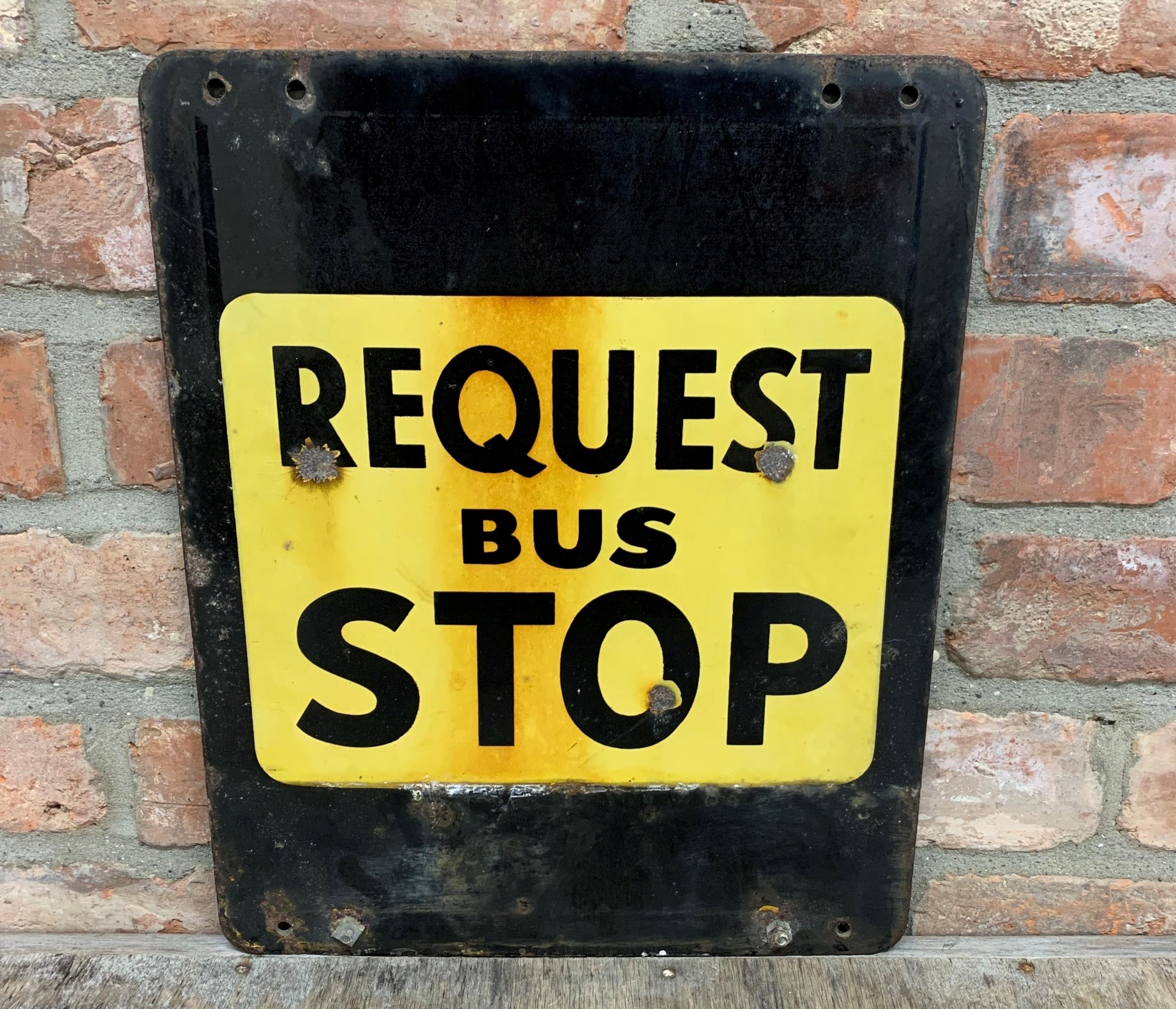 Vintage 'Request Bus Stop' yellow and black double sided enamel sign, 42cm x 34cm - Image 3 of 3