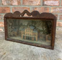 Antique scratch built Folk Art diorama of church and outbuildings held within wooden case, H 24cm