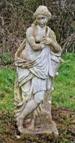 Weathered reconstituted stone statue of a classical maiden, H 90cm