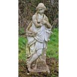 Weathered reconstituted stone statue of a classical maiden, H 90cm