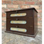 Antique "Boot & Shoe Laces" retail shop table top cabinet with with 3 glass front drawers, W 39cm, D