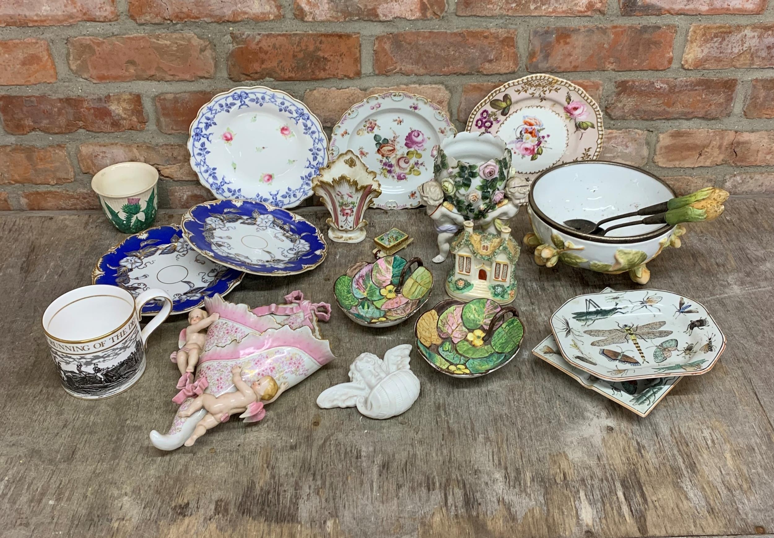 Collection of 19th century and later porcelain to include a Meissen cabinet plate, pair of unusual