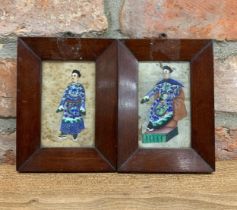 Pair of antique Chinese miniature watercolour paintings, 14cm x 10cm (2)