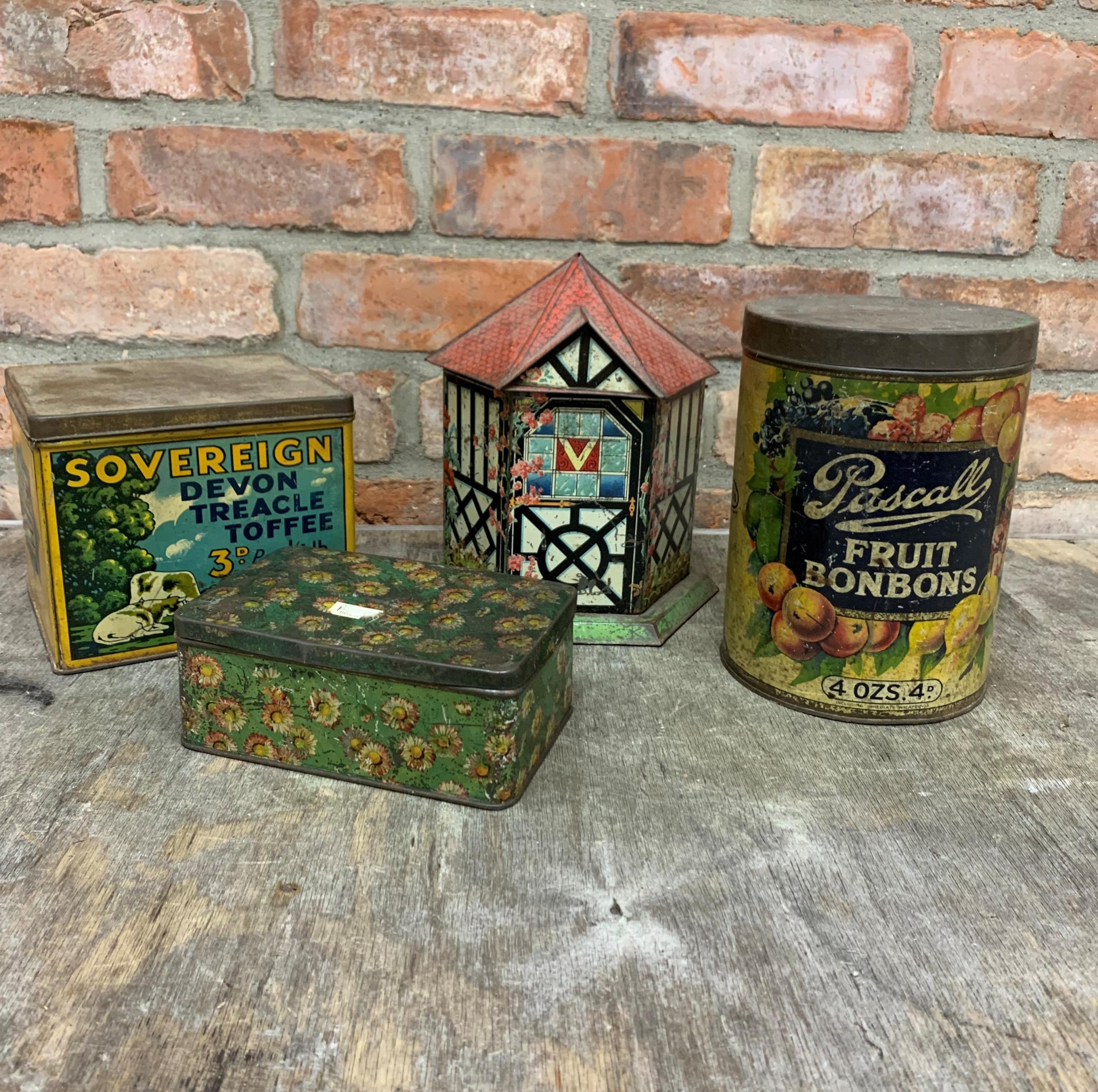 4 vintage advertising tins to include Victory Sweets cottage design example