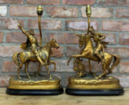 Pair of gilt spelter table lamps depicting Vercingetorix triumphant at the battle of Gergovia,